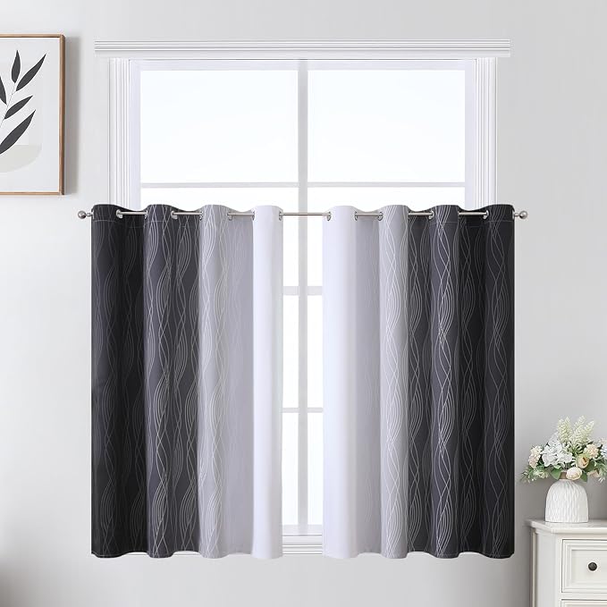 Estelar Textiler Black and Greyish White Ombre Short Blackout Kitchen Curtains by ESTELARTEXTILER
