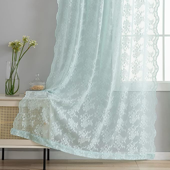 YJ YANJUN Vintage Lace Curtains 84 Inches Long-Victorian Floral Pattern Aqua - Image 4