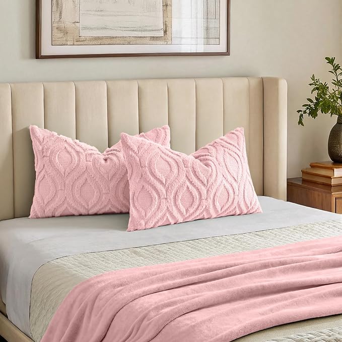 decorUhome Throw Pillow Covers 12x20 Inch Set of 2, Soft Plush Faux Wool Pink - Image 7
