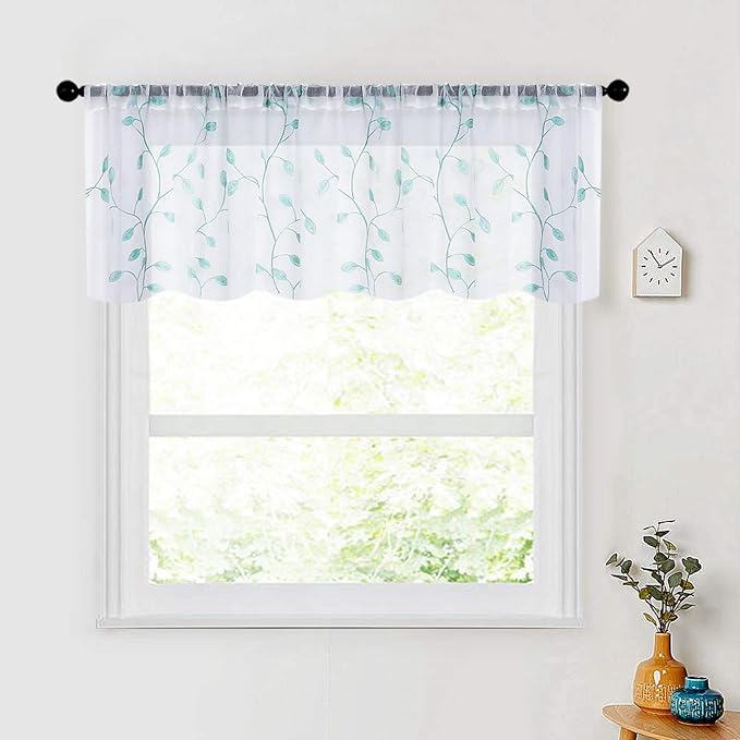 MRTREES Sheer Christmas Curtain Valance, Leaves Embroidered Small Valances by MRTREES