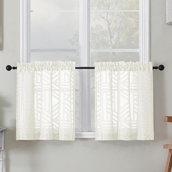 Simplebrand Sheer Ivory Kitchen Curtains 24 Inch Length Tier Curtains 2 Panels by Simplebrand