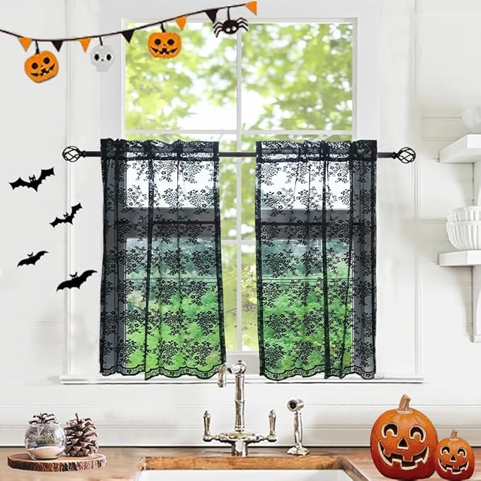 YJ YANJUN Vintage Lace Curtains 30 Inch Length 2 Panels Floral Halloween Goth by YJYANJUN