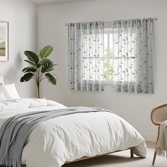 HOMEIDEAS Grey/Gray Sheer Kitchen Curtains 52 x 54 Inch Length 2 Panels - Image 7