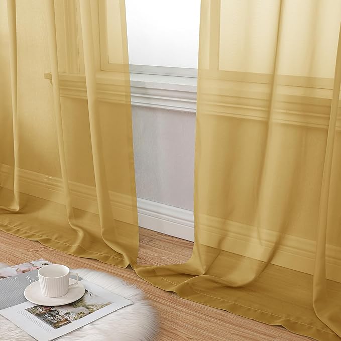 Aiyufeng Gold Sheer Curtain 84 Inches Long 2 Panels Set, Light Filtering Gold - Image 6