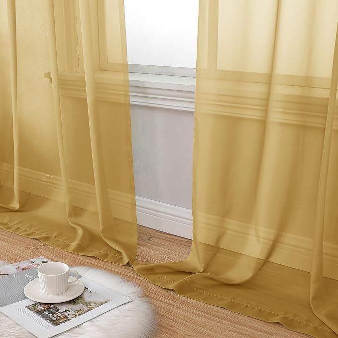 Aiyufeng Gold Sheer Curtain 90 Inches Long 2 Panels Set, Light Filtering Gold - Image 8