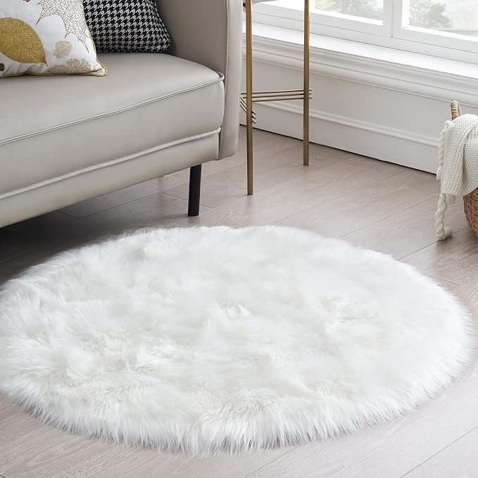 White Fluffy Round Fur Area Rug - Image 2