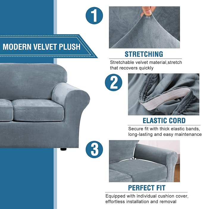 H.VERSAILTEX Real Velvet Plush 3 Piece Stretch Sofa Covers Couch Covers - Image 3
