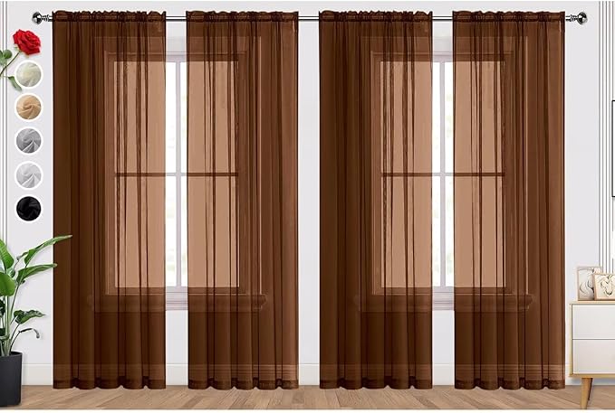 SpaceDresser Brown Sheer Curtains 4 Panels Rod Pocket Semi-Sheer Curtain 45 by SpaceDresser