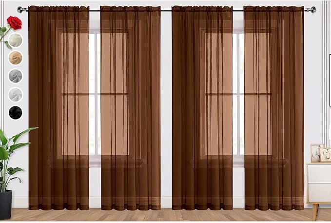 SpaceDresser Brown Sheer Curtains 4 Panels Rod Pocket Semi-Sheer Curtain 54 by SpaceDresser