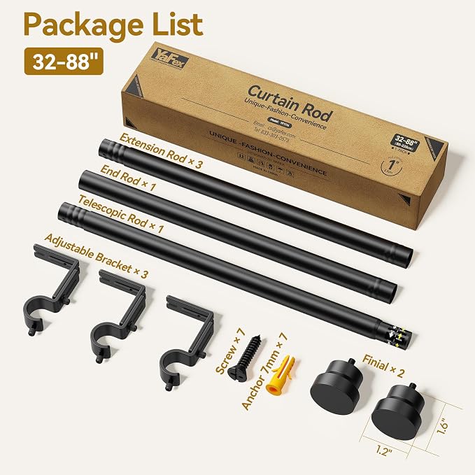 YaFex Curtain Rods 32-84 Inch, Heavy Duty 1 Inch Adjustable Curtain Rod - Image 7