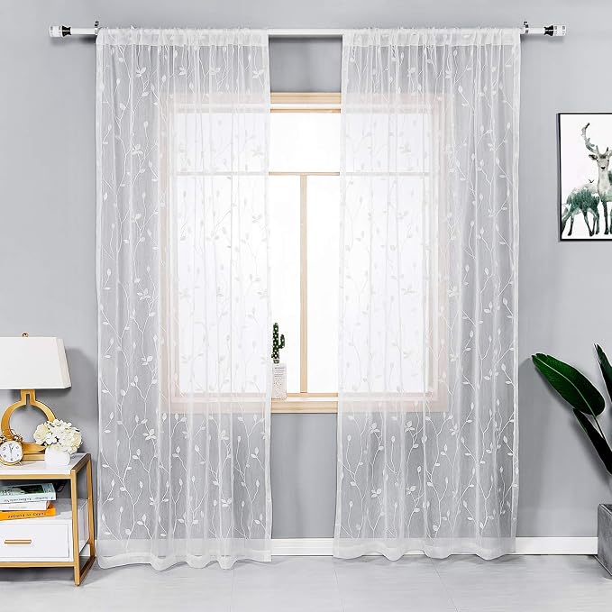 AmHoo 2 Panels Embroidered Leaf Pattern Semi Sheer Curtains Foliage Floral - Image 2