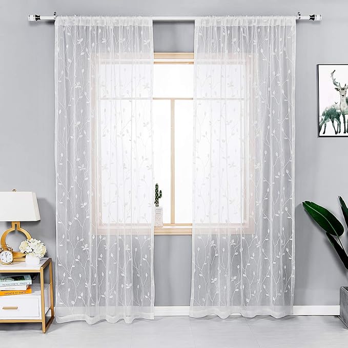 AmHoo 2 Panels Embroidered Leaf Pattern Semi Sheer Curtains Foliage Floral - Image 2