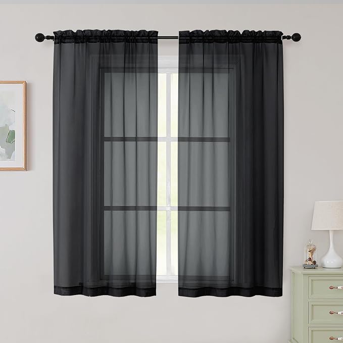 Sheer Black Curtains for Bedroom Living Room 54 Inch Length 2 Panels Set by WelvetBLK