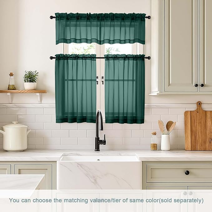 Green Small Sheer Curtains 2 Panels Set, Kitchen Curtains 36 Inch Length - Image 2