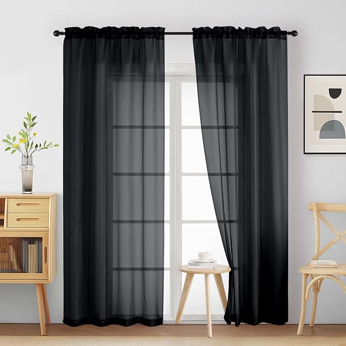 Black Sheer Curtains 90 Inches Long 2 Panels, Light Filtering Solid Sheer by Home