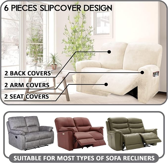 ULTICOR Reclining Love Seat Slipcover, 6-Piece Velvet Stretch Loveseat - Image 3