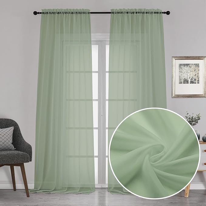 Chyhomenyc Extra Long Sage Green Voile Sheer Curtains 120 Inches Long 2 Pack by Chyhomenyc