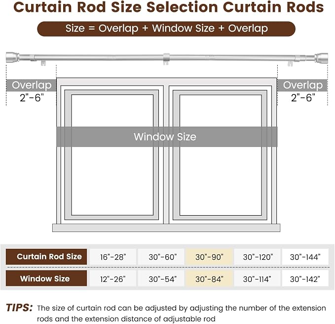 1” Diameter Silver Curtain Rod Itself is 30-90 Inch 2 Pack, Fit 30 to 84 Inch - Image 3