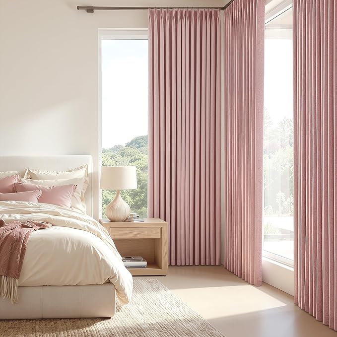MIULEE Pink Pinch Pleated 100% Blackout Linen Curtains 40x96 Inches | Room - Image 2