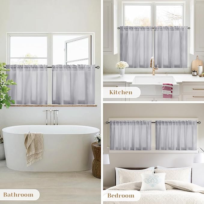HOMEIDEAS Non-See-Through Light Grey Privacy Sheer Kitchen Curtains, 30 X 24 - Image 8