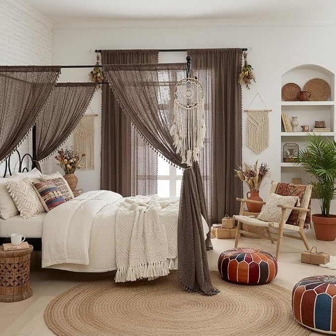 WAZZIO Boho Lace Curtains 84 Inches 2 Panel, Light Filtering Privacy Tassel & - Image 3