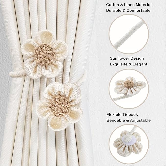 SRG Rope Curtain Tiebacks 2 Pack | Sunflower Curtain Tieback Boho | Simple - Image 3