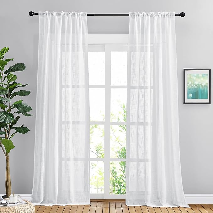 NICETOWN White Linen Sheer Bedroom Curtains 90 inches Long, Rod Pocket & Back - Image 2