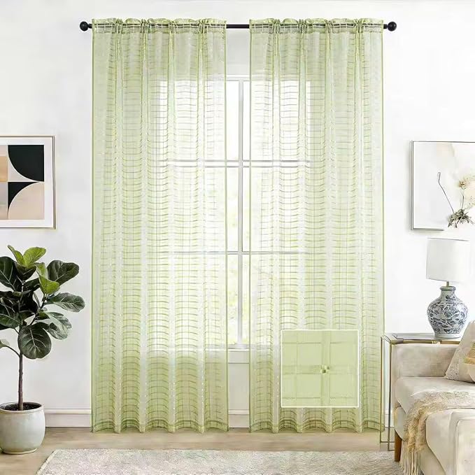 SpaceDresser Check Sheer Curtains 54 Inches 2 Panels Set, Rod Pocket Plaid by SpaceDresser