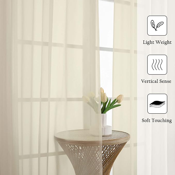 Lecloud Cream Sheer Curtains 63 Inch Length 2 Panels, Rod Pocket Light - Image 5