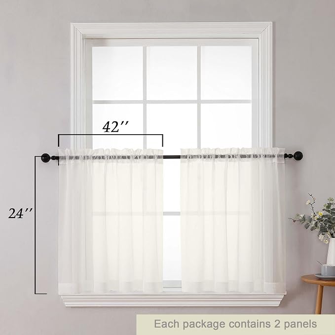 Kitchen Curtains 24 Inch Length Tier 2 Pieces, Ivory Sheer Curtain Solid Soft - Image 2