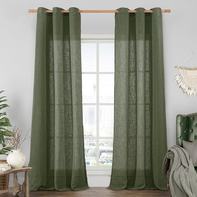 LAMIT Olive Green Linen Curtains 84 inch Length, Soft Linen Textured Light by LAMIT
