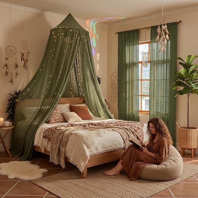 WAZZIO Boho Lace Curtains 84 Inches 2 Panel, Light Filtering Privacy Tassel & - Image 6