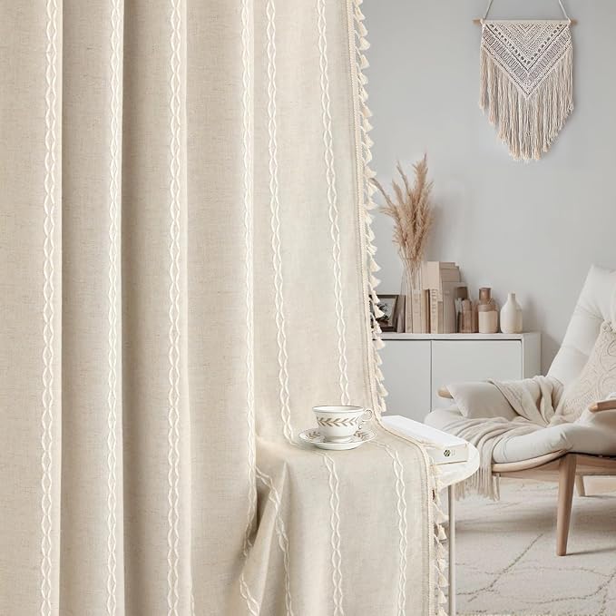Boho Blackout Curtains 90 Inches Long Beige Linen Blend 2 Panels - Image 7