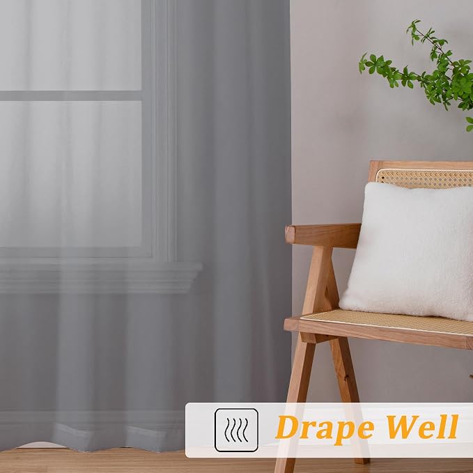 Gwine Charcoal Grey Sheer Curtains 108 Inches Long 2 Panels Set, Voile Light - Image 6