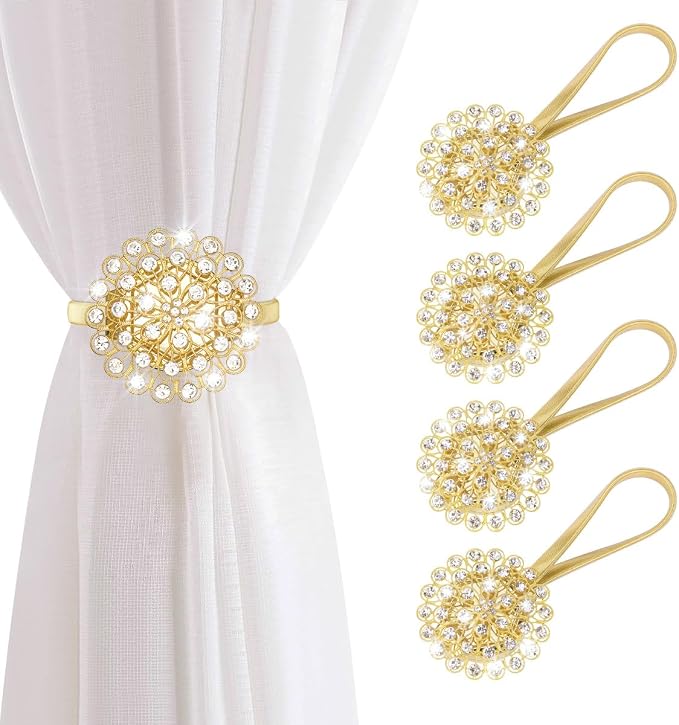 AULEEP Magnetic Curtain Tiebacks, 4 Pack Magnetic Crystal Decorative Drapes by AULEEP