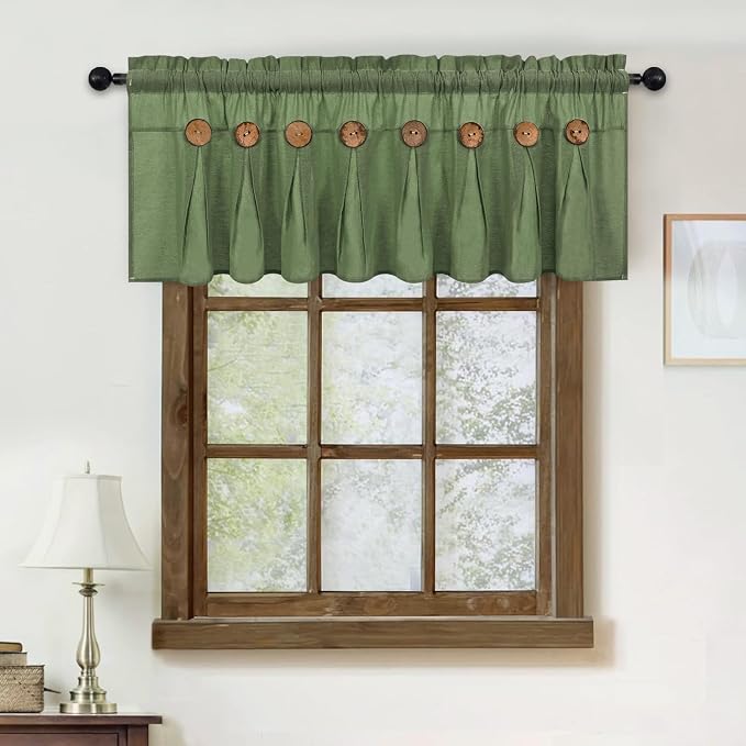FRAMICS Farmhouse Valance Curtains, Boho Cotton Linen Kitchen Valance, Olive - Image 2