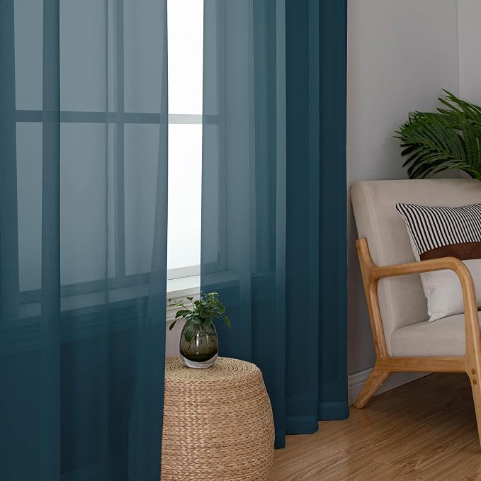 OWENIE Teal Sheer Curtains 84 inches Long 2 Panels Set, Light Filtering Rod - Image 4
