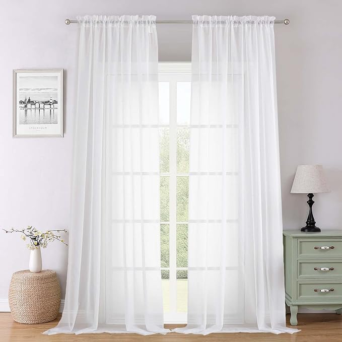 Lecloud White Sheer Curtains 102 Inches Long 2 Pcs, Light Filtering Living Room by Lecloud