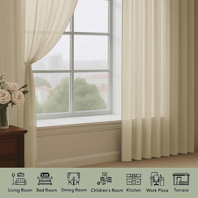 OWENIE Taupe Sheer Curtain 90 Inches Long 2 Panels Set, Solid Filmy Drapes - Image 3
