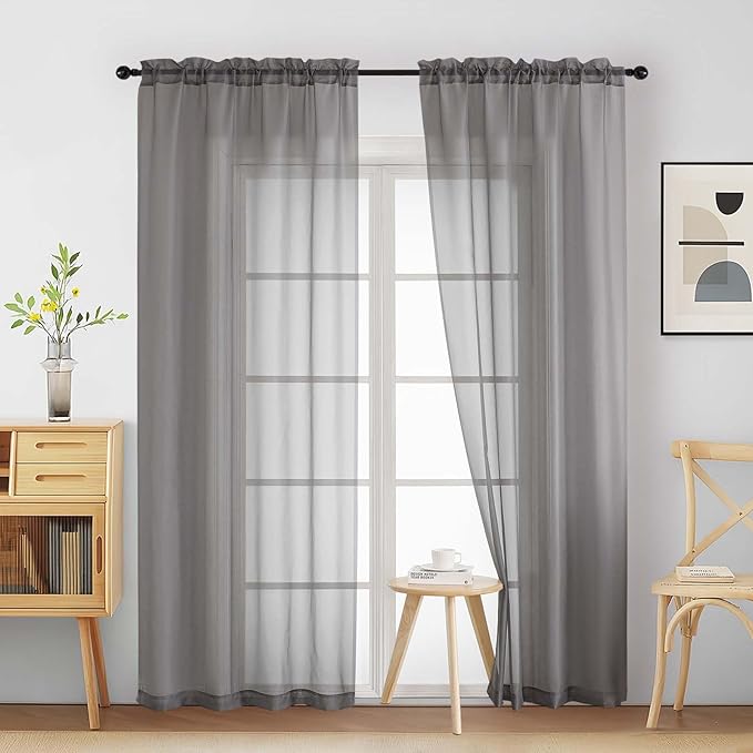 Grey Sheer Curtains 84 Inches Long 2 Panels, Elegant Airy Transparent Light by Home