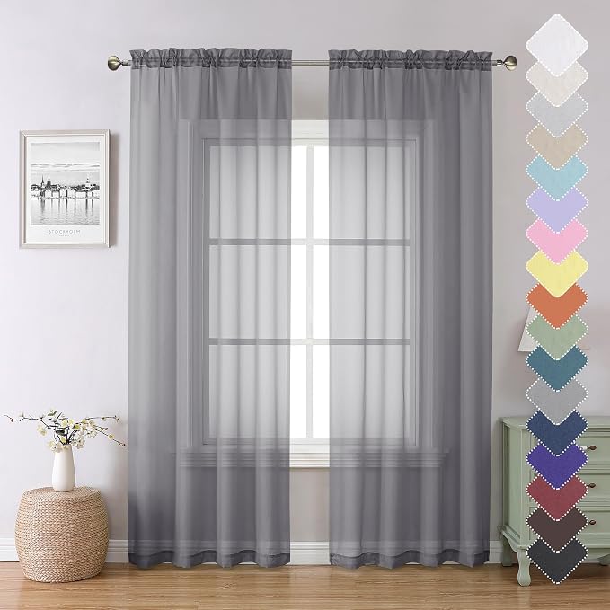 Lecloud Charcoal Grey Sheer Curtains 84 Inches Long 2 Panels, Voile Airy Light by Lecloud