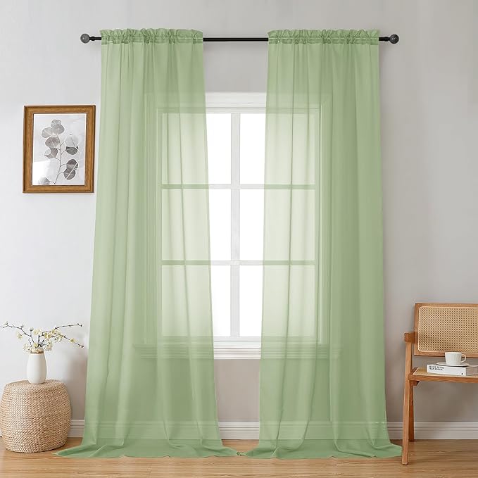 Gwine Light Green Sheer Curtains 96 Inches Long 2 Panels, Elegant Window by Gwine