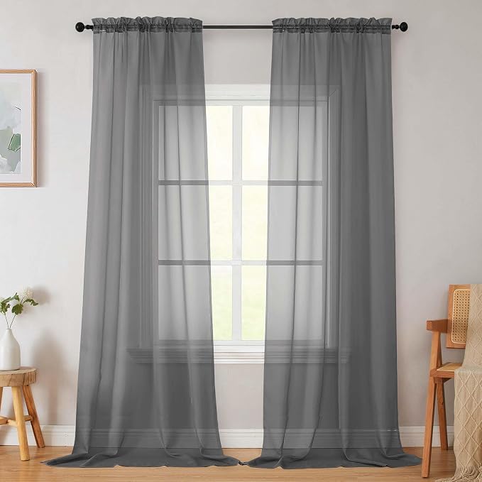 Grey Sheer Curtains for Bedroom Living Room 96 Inches Long 2 Panels, Modern by WelvetBLK