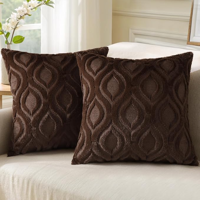 decorUhome Throw Pillow Covers 22x22 Inch Set of 2, Soft Plush Faux Wool Dark by decorUhome