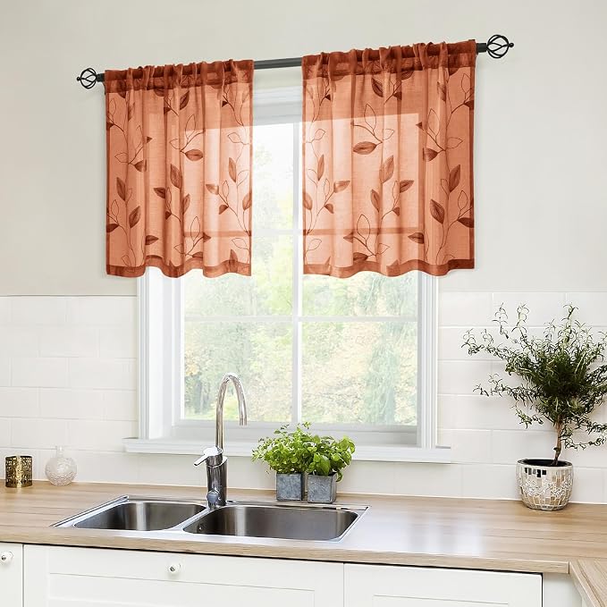 HOMEIDEAS Fall Burnt Orange Sheer Kitchen Curtains 30 X 24 Inch Length 2 Panels by HOMEIDEAS