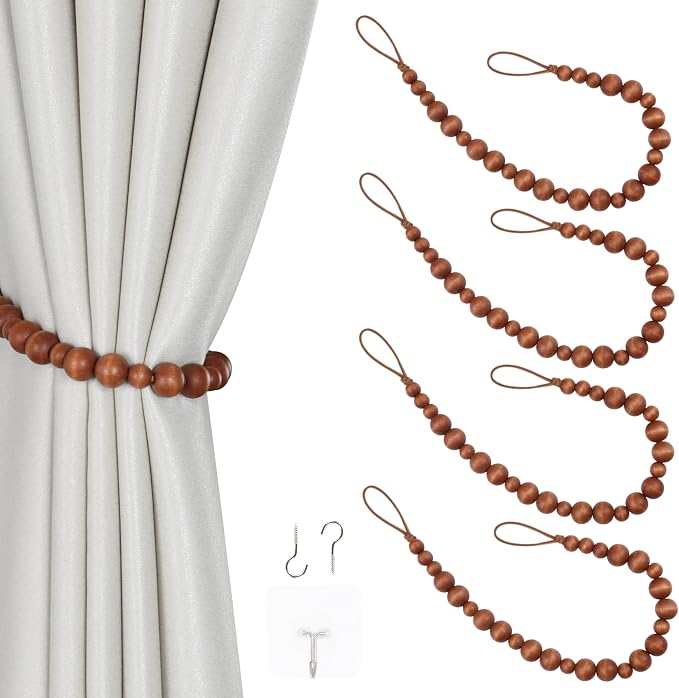 OCIOLI 4 Pack of Wood Bead Curtain Tiebacks Boho Curtain Tiebacks Curtain by OCIOLI