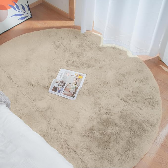 ORINOVA Light Brown Beige Washable Shaggy Round Rug 5ft Faux Rabbit Fur Rugs - Image 2