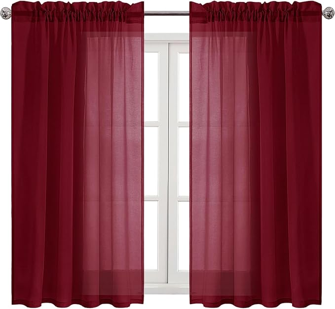 DWCN Christmas Burgundy Sheer Curtains Semi Transparent Voile Rod Pocket - Image 9
