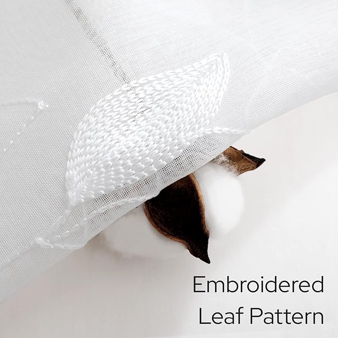 HOMEIDEAS White Sheer Kitchen Curtains 30 X 24 Inch Length 2 Panels Embroidered - Image 2