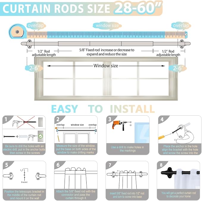 TVWOO Black Wrap Around Curtain Rods:5/8" Small Blackout Adjustable Window - Image 8